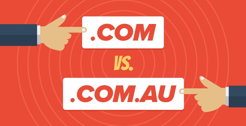 Graphic illustration comparing .COM vs .COM.AU domain names, with two hands pointing at each domain extension, highlighting the decision process for business owners.