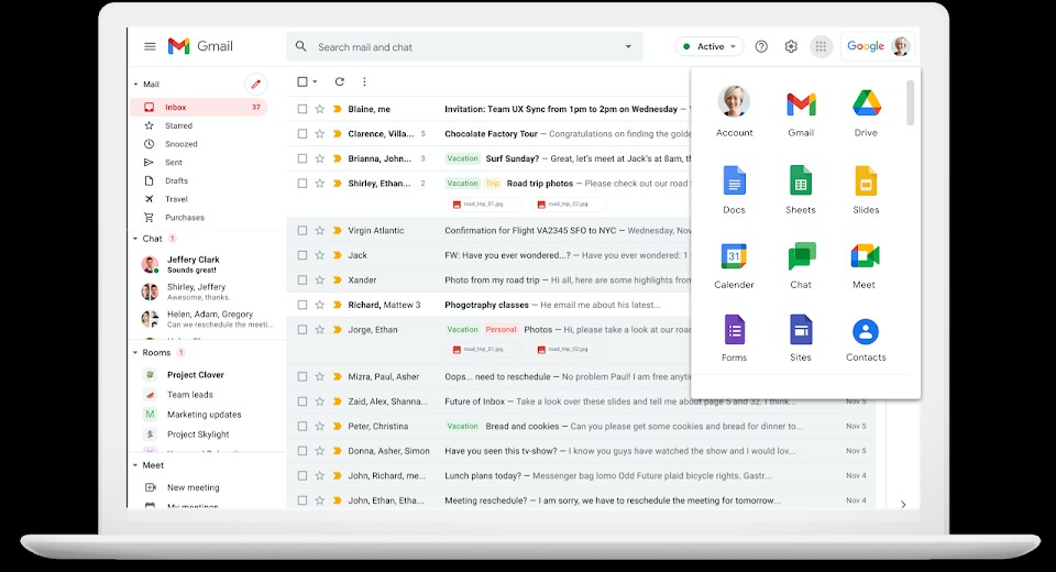 The Gmail interface on a laptop, with a dropdown menu showing various Google Workspace apps. This image illustrates how Google Workspace brings all essential tools together in one place for easy access and productivity.