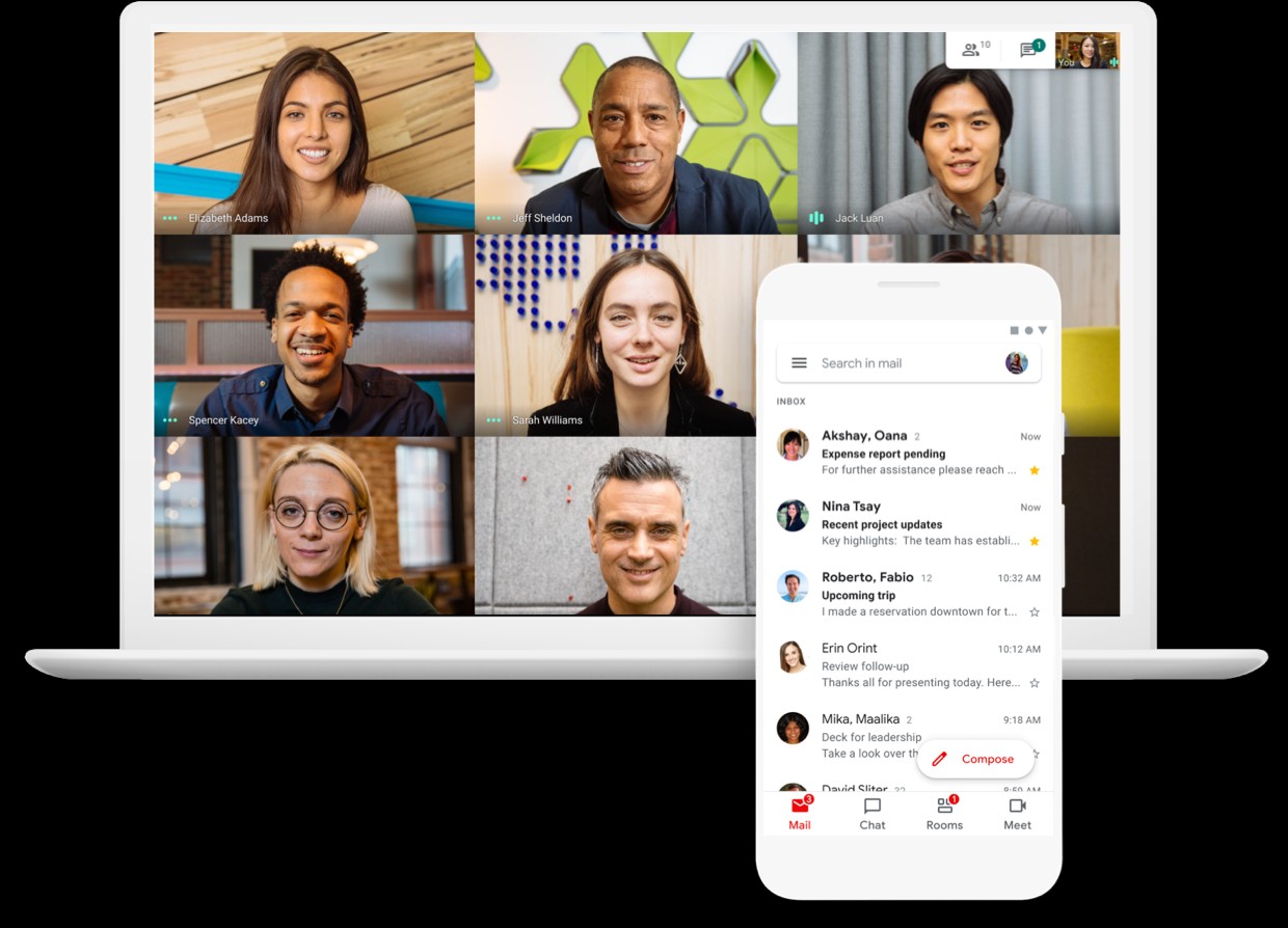 A video call screen showing six diverse participants, alongside a smartphone displaying an email inbox. This image highlights the communication tools in Google Workspace, such as video meetings and email, which are essential for Australian businesses.