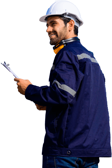 A tradesman in a hard hat smiling and holding a clipboard, representing a reliable and professional WordPress hosting service tailored for businesses.