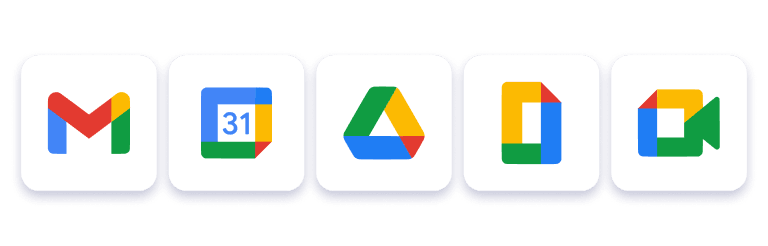 Icons of five key Google Workspace apps, including Gmail, Google Calendar, Google Drive, Google Docs, and Google Meet, displayed in a row. These icons represent the core tools used for communication, organization, and collaboration in Google Workspace.