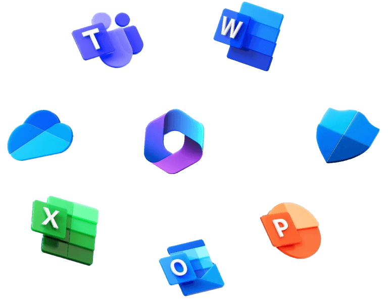 A collection of Microsoft 365 app icons, including Teams, Word, Excel, PowerPoint, and OneDrive, arranged in a circular pattern. These icons represent the key applications available in the Microsoft 365 suite, highlighting their functionality for Australian businesses.