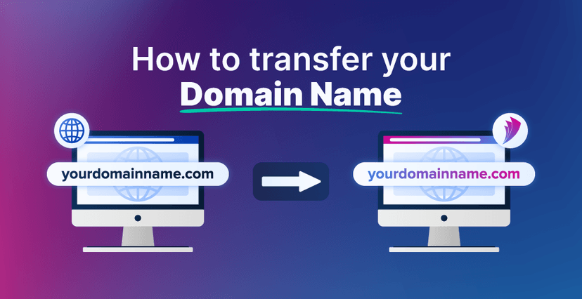 A graphic titled "How to transfer your Domain Name" featuring two computer screens. The screen on the left shows a domain name "yourdomainname.com" with a globe icon, while the screen on the right shows the same domain name with the VentraIP logo. An arrow between the two screens indicates the transfer process. The background has a gradient effect transitioning from purple to blue.